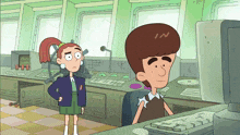 a cartoon character with a n on his head stands next to a girl