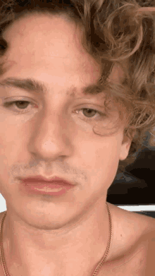 a close up of a man 's face with curly hair and a gold chain around his neck