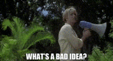 a woman is holding a megaphone in the woods and saying `` what 's a bad idea ? ''