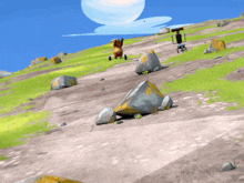 a cartoon bear is riding a bike down a rocky hill