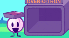 a cartoon character is standing next to a purple oven that says oven-o-tron