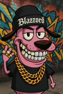 a cartoon dog is wearing a beanie that says blazzard