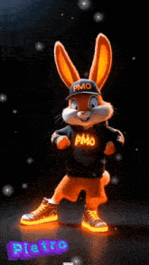a cartoon bunny wearing a hat and a shirt that says pmo