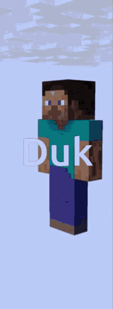 a steve from minecraft is holding a box and the word duk is above him