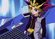 a cartoon character is standing next to a laptop and a phone