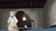 a woman in a white dress says this place is as dirty and dusty as ever while standing next to another woman with purple hair