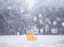 a cartoon cat is sitting in the snow looking at the camera