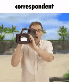 a man is taking a picture with a camera with the word correspondent above him