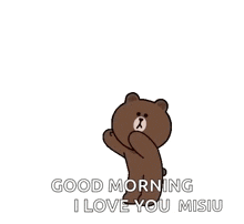 a brown bear is peeking out of a pile of red hearts and says good morning i love you misiu