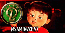 a cartoon girl with pigtails is standing in front of a panda logo