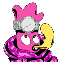 a cartoon character wearing a watch and a purple scarf