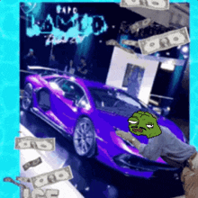 a picture of a purple car and a man with a green face