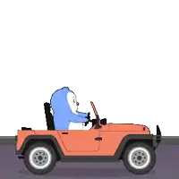 a penguin is driving a jeep next to a welcome sign