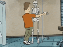 a cartoon of a man and a skeleton kissing
