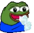 a green frog wearing a blue shirt is blowing a snowball .