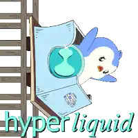 a penguin is reading a book with the words hyper liquid written below it
