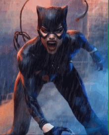 a woman in a catsuit is standing in the rain screaming