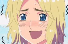 a close up of a cartoon character with blonde hair and blue eyes