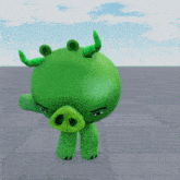 a green pig with horns is standing on a gray tile floor