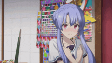 a girl with blue hair and red eyes is standing in front of a wall with a bunch of stickers on it