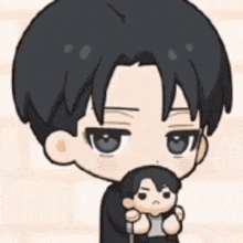 a cartoon boy is holding a doll in his hands .