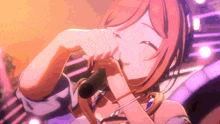a girl with red hair is singing into a microphone while wearing headphones