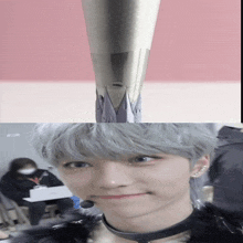 a close up of a person 's face next to a close up of a sword