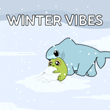 a cartoon of a shark and a frog with the words winter vibes on the bottom