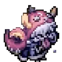 a pixel art of a pink and purple owl with a beard and horns .