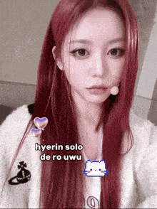 a girl with red hair has the words hyerin solo de ro uwu on the bottom