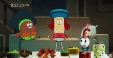three cartoon characters sitting on a couch with a time of 8:52:23 pm behind them