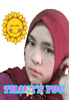 a woman wearing a red hijab says thank you with a sun behind her
