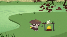 a cartoon character is standing in a grassy field with a duck and a fire