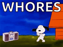 a cartoon of snoopy dancing in front of a boombox with the words whores written on it