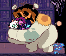 a pixel art drawing of a bear with a pumpkin on his head