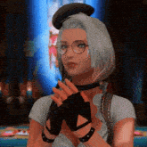 a woman with glasses and a hat is wearing a choker and gloves