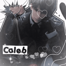 a man in a suit and tie is surrounded by hearts and the name caleb