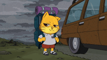 a cartoon cat with a backpack and a shirt that says h on it