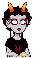 a pixel art drawing of a girl with horns wearing glasses and a black shirt with the letter h on it