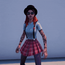 a girl wearing a top hat and suspenders is standing in front of a white wall