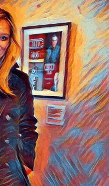 a painting of a woman standing in front of a framed picture of a man with the number 46