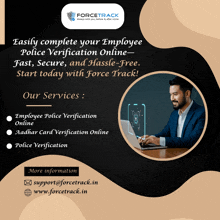 an advertisement for forcetrack shows a man using a laptop computer
