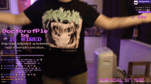 a person wearing a black shirt that says doctorofpie is wired