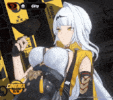 a girl with white hair is standing in front of a sign that says " city "