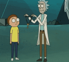 rick and morty are standing next to each other and talking