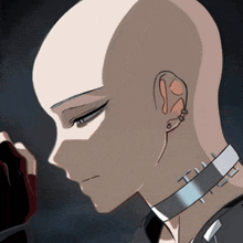 a cartoon character with a shaved head and a choker around her neck