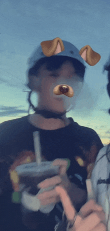 a person wearing a hat with a dog face filter on their face