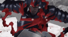 a cartoon character with blood coming out of his chest is holding a sword .