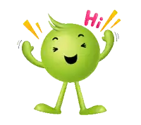 a green cartoon character with arms and legs and the word hi above it