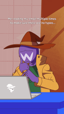 a cartoon of a man wearing a witch hat sitting in front of a laptop computer